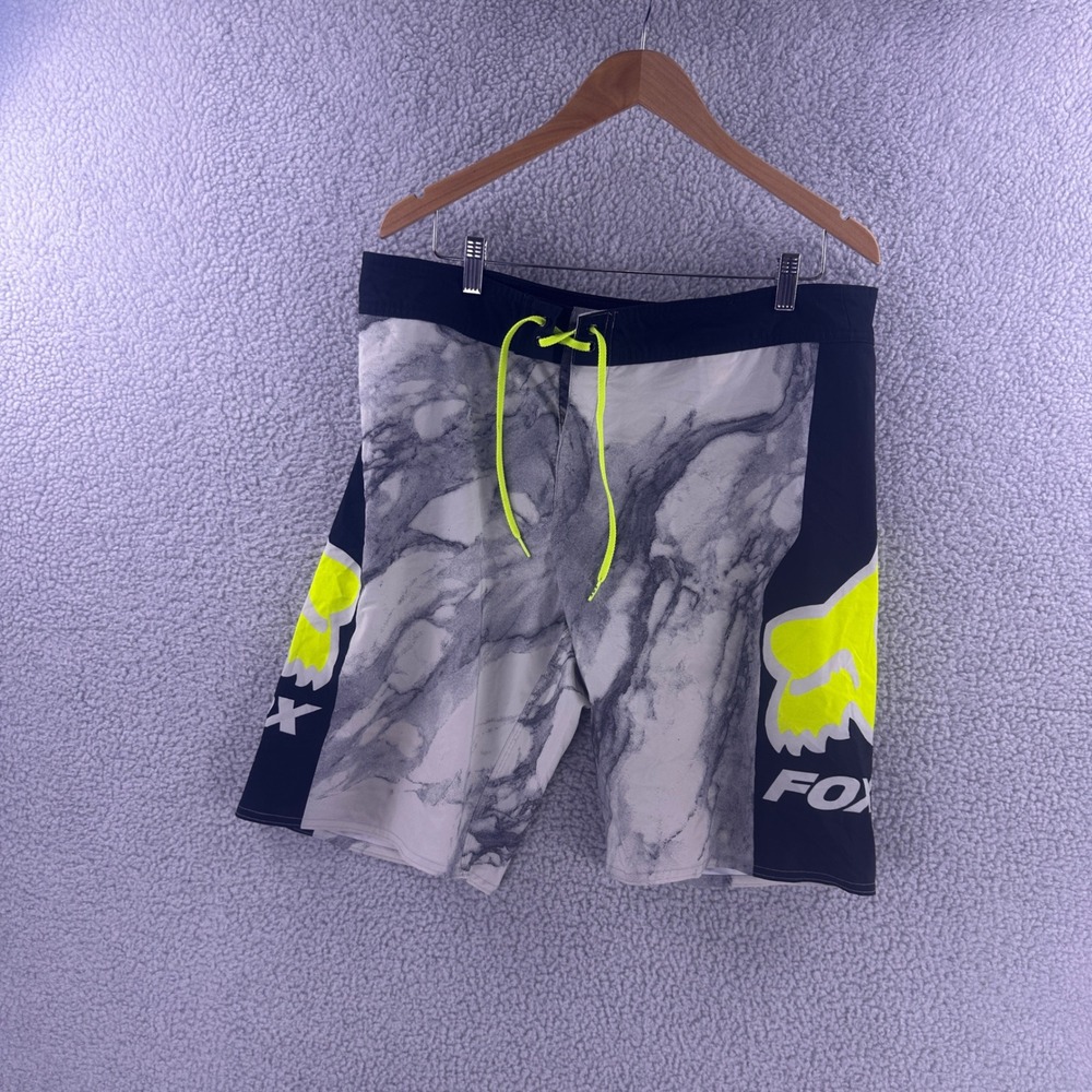 Fox Racing Mens Board Shorts Size 36 Marble Print Neon Yellow Logo Swim Trunks